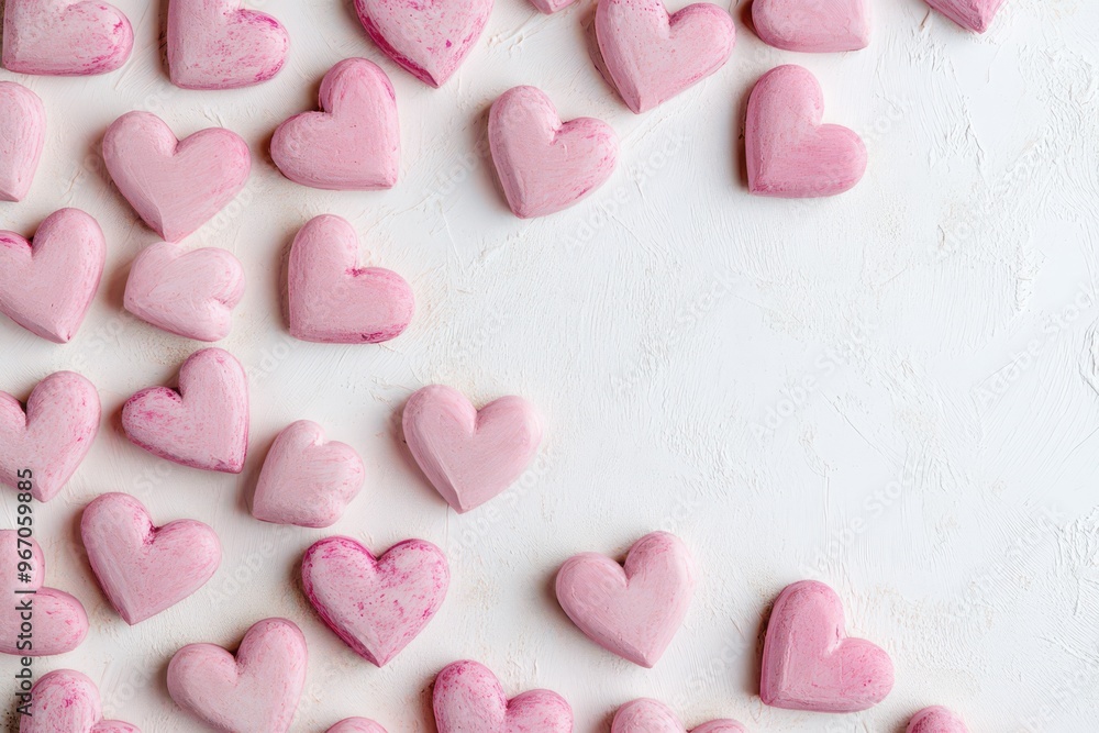 Fototapeta premium Pink Hearts in Frame Arrangement on White Surface for Valentines Day