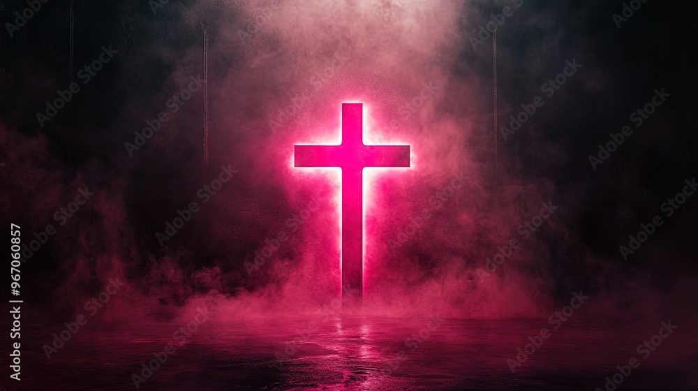 Bold Pink Cross Illuminates Dark Space: Perfect Poster for Sports Interiors, Creating a Powerful Visual Presence with Luminescent Halo Effect Against Smoky Backdrop Bold Pink Cross Illuminates Dark Space: Perfect Poster for Sports Interiors, Creating a Powerful Visual Presence with Luminescent Halo Effect Against Smoky Backdrop