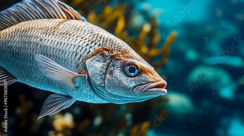 Close-up of a fresh fish in its natural ocean environment, its scales shimmering as it glides through the water photo