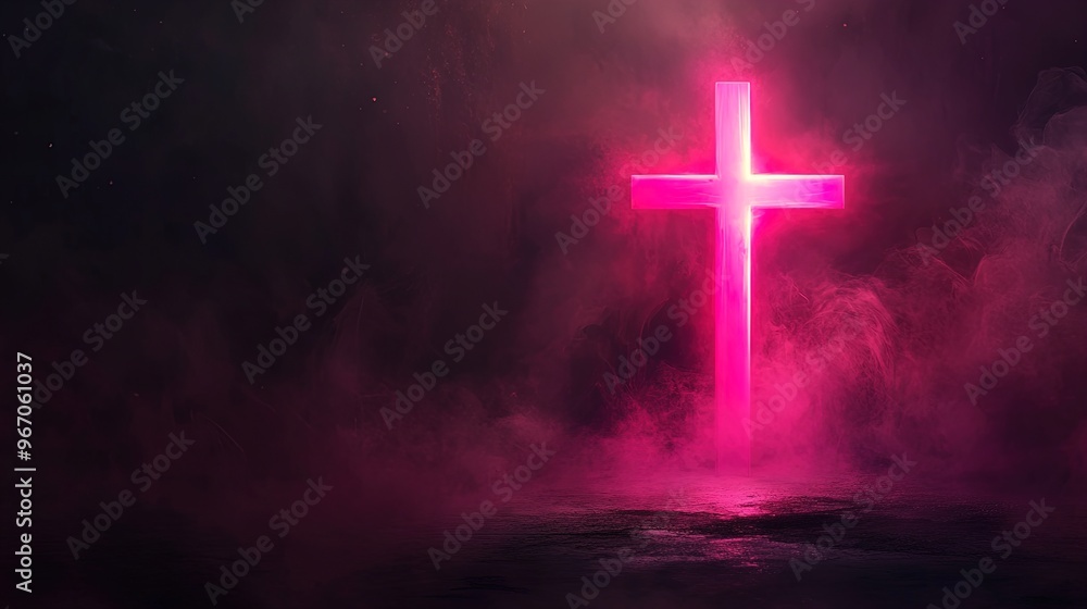 Bold Pink Cross Illuminates Dark Space: Perfect Poster for Sports Interiors, Creating a Powerful Visual Presence with Luminescent Halo Effect Against Smoky Backdrop Bold Pink Cross Illuminates Dark Space: Perfect Poster for Sports Interiors, Creating a Powerful Visual Presence with Luminescent Halo Effect Against Smoky Backdrop