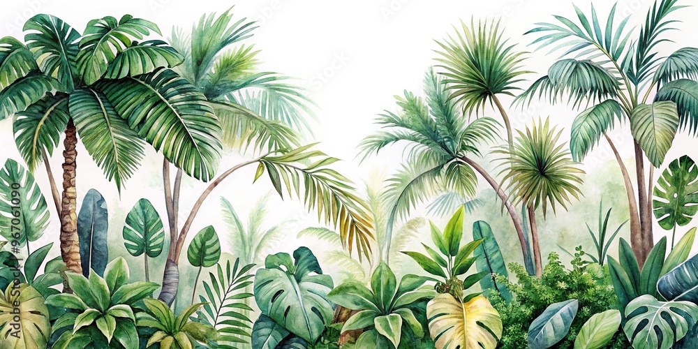 Fototapeta premium watercolor painting of tropical trees and leaves Long Shot