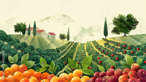 Fresh fruits and lush fields create vibrant agricultural landscape