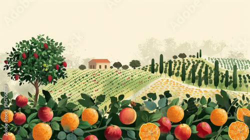 Fresh fruits in vibrant landscape with trees and hills evoke sense of tranquility