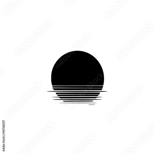 Minimalist sunset with horizon lines illustration, A simple black-and-white minimalist illustration of a sunset with horizontal lines representing the horizon, evoking calm and serenity.

