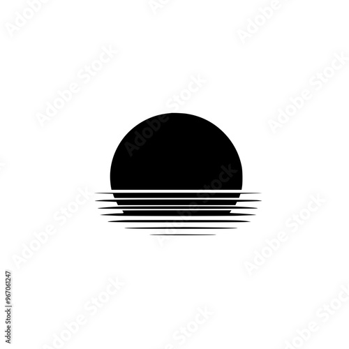 Minimalist sunset with horizon lines illustration, A simple black-and-white minimalist illustration of a sunset with horizontal lines representing the horizon, evoking calm and serenity.
