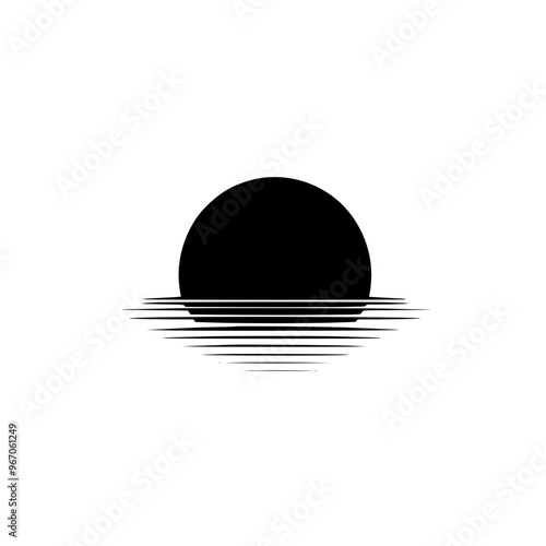 Minimalist sunset with horizon lines illustration, A simple black-and-white minimalist illustration of a sunset with horizontal lines representing the horizon, evoking calm and serenity.
