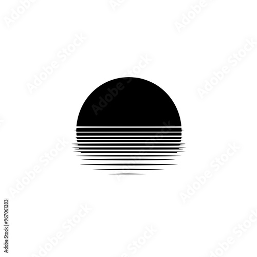 Minimalist sunset with horizon lines illustration, A simple black-and-white minimalist illustration of a sunset with horizontal lines representing the horizon, evoking calm and serenity.
