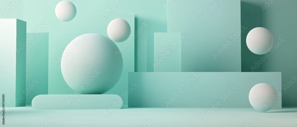 A green background with white spheres and cubes A green background with white spheres and cubes
