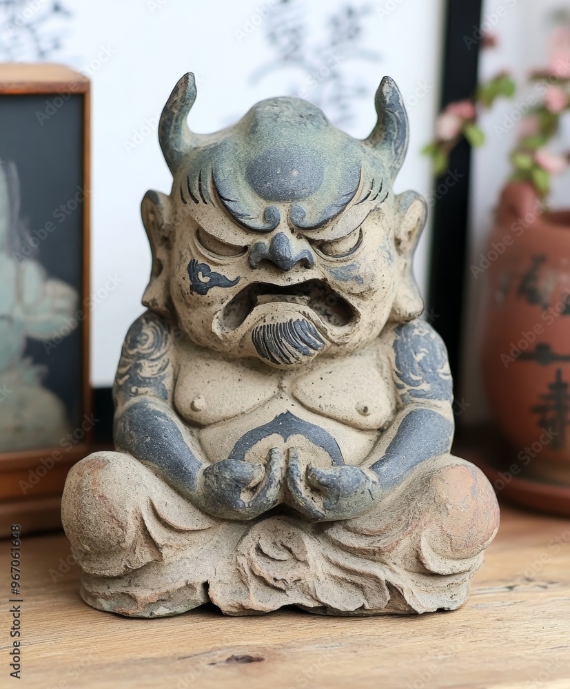 Traditional Stone Figurine of a Seated Mythical Horned Creature with Intricate Details in a Decorative Display Setting Traditional Stone Figurine of a Seated Mythical Horned Creature with Intricate Details in a Decorative Display Setting