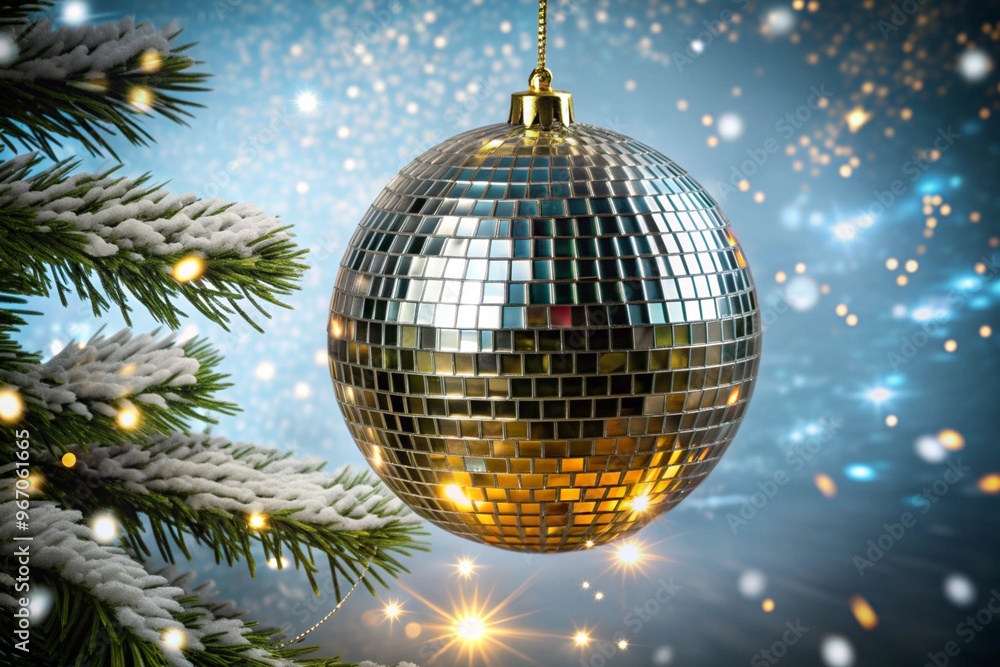 Fototapeta premium Festive y2k-inspired christmas disco ball against a snowy background
