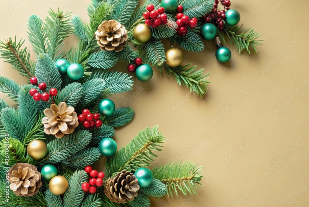 Elegant christmas background with scandi flora featuring pinecones and berries for holiday design Elegant christmas background with scandi flora featuring pinecones and berries for holiday design