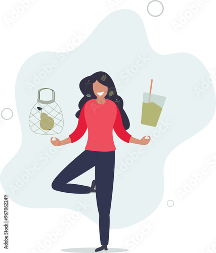Vegan lifestyle with natural organic food and green thinking .Bio habits in daily life with sustainable resource consumption.flat design with people.