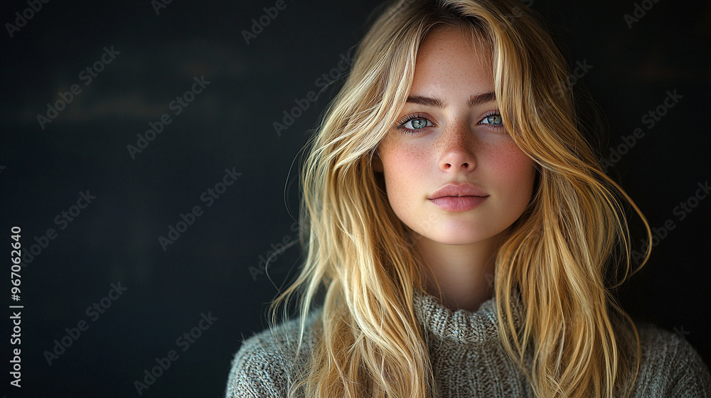A beautiful portrait of a young woman with long blonde hair, gazing confidently at the camera against a dark background. A beautiful portrait of a young woman with long blonde hair, gazing confidently at the camera against a dark background.