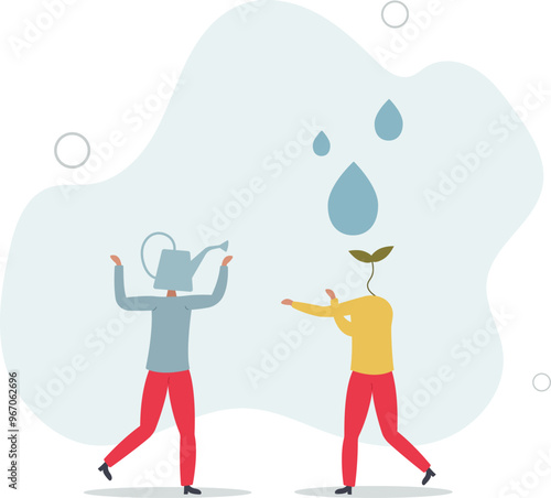 Mentor to help career growth, coaching or education for growth mindset, growing seedling plant, help or assistance,flat design with people.