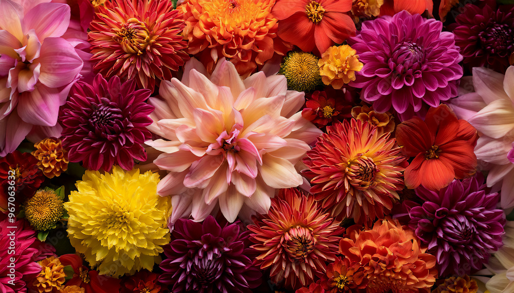 A vibrant autumnal backdrop adorned with asters, dahlias, and marigolds. A vibrant autumnal backdrop adorned with asters, dahlias, and marigolds.