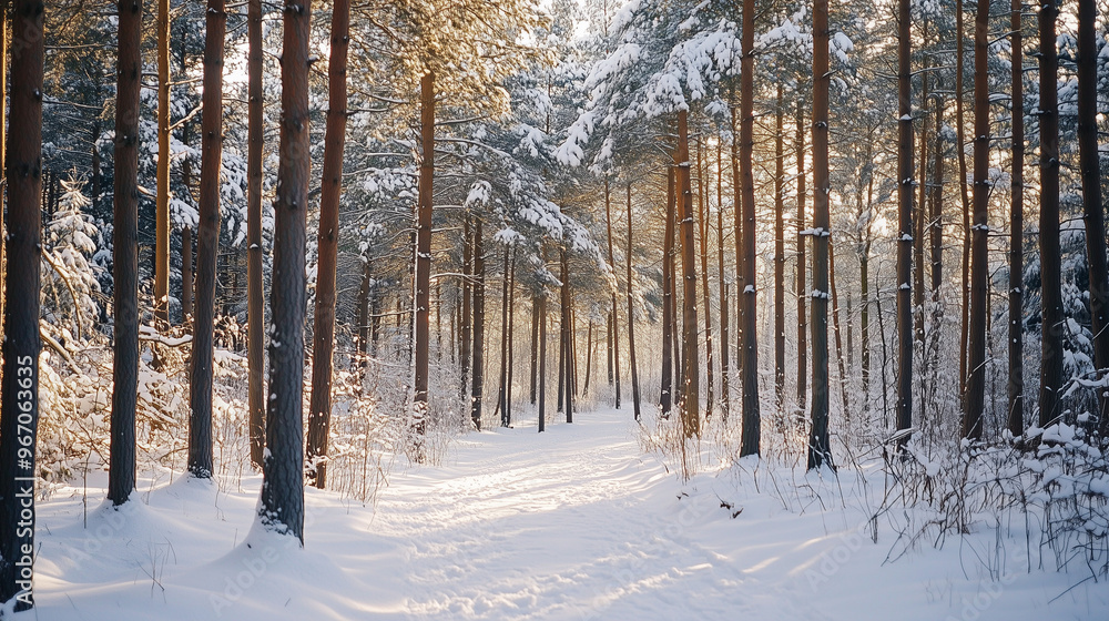 Snow-covered pine forest on a winter morning. Tall pines covered with a blanket of snow reach towards the sky. Soft dawn light penetrates through the branches, casting a warm glow on the white snow. Snow-covered pine forest on a winter morning. Tall pines covered with a blanket of snow reach towards the sky. Soft dawn light penetrates through the branches, casting a warm glow on the white snow.