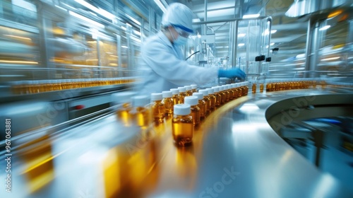 Automated Pharmaceutical Production Line With Bottles and Worker