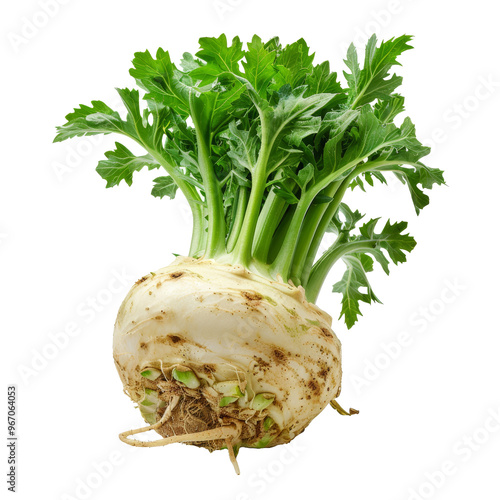 Freshly harvested celeriac with vibrant green leaves on display against a transparent background