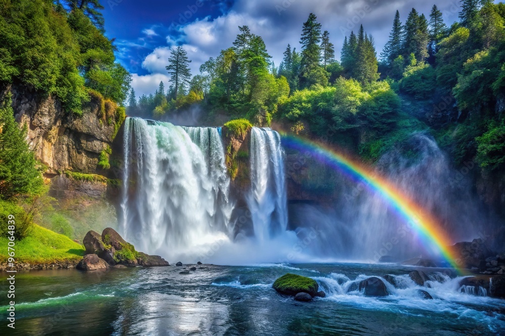 Waterfall and trees with rainbow in background Waterfall and trees with rainbow in background
