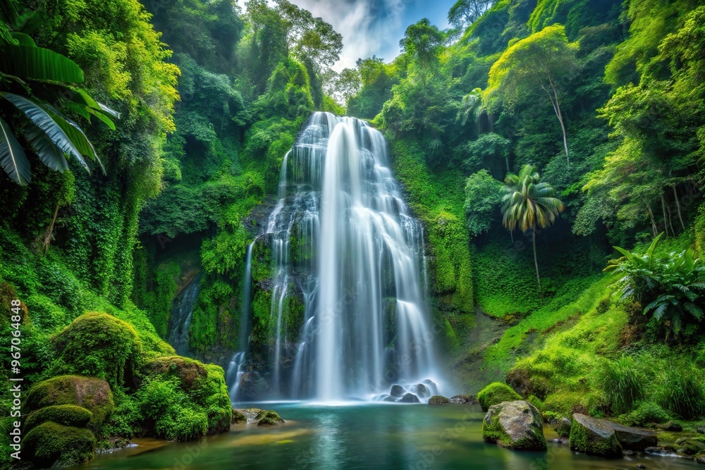 Waterfall cascading through lush tropical jungle landscape with forced perspective Waterfall cascading through lush tropical jungle landscape with forced perspective