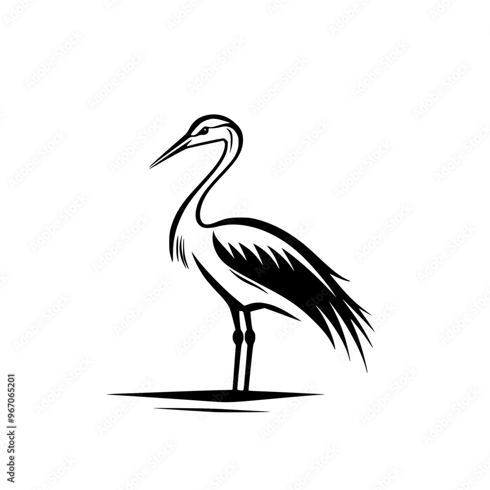 Fototapeta premium Minimalist heron bird silhouette illustration, A black-and-white minimalist illustration of a heron standing gracefully, showcasing elegance and nature in a simple, clean design. 