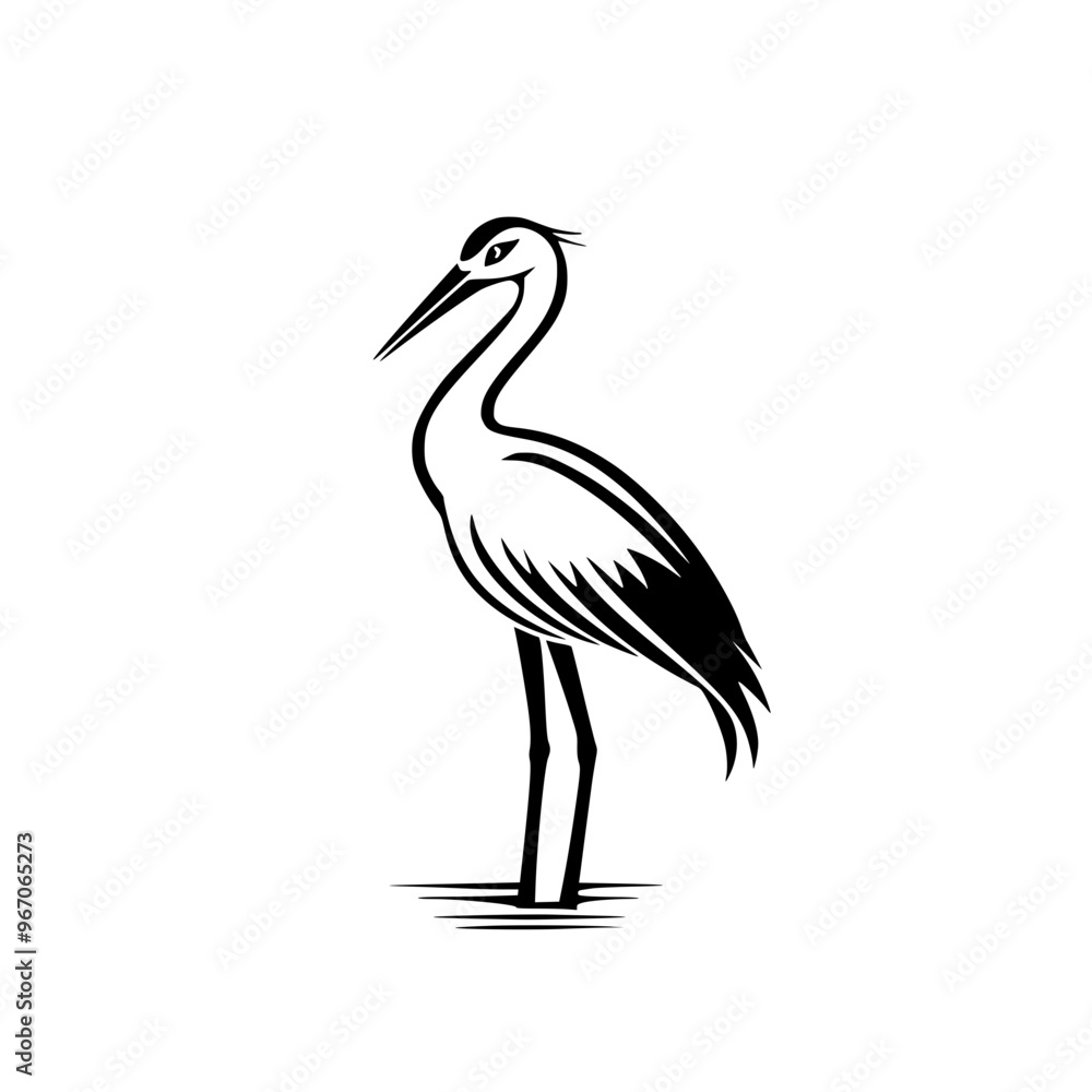 Fototapeta premium Minimalist heron bird silhouette illustration, A black-and-white minimalist illustration of a heron standing gracefully, showcasing elegance and nature in a simple, clean design. 