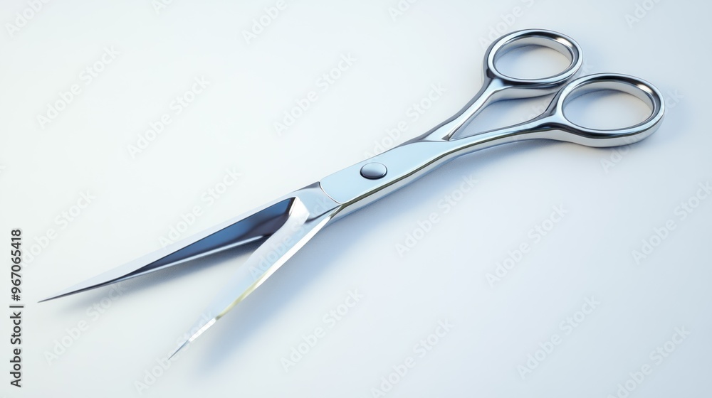 A pair of shiny silver scissors on a white background A pair of shiny silver scissors on a white background