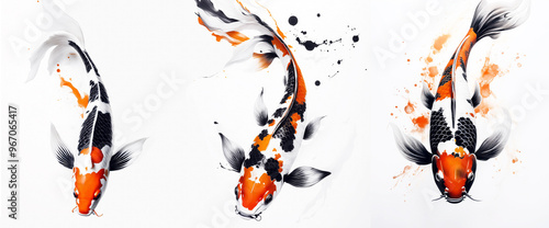 koi fish in calligraphy style with back, white and orange from top down view and ink blobs on white background. generative AI technology