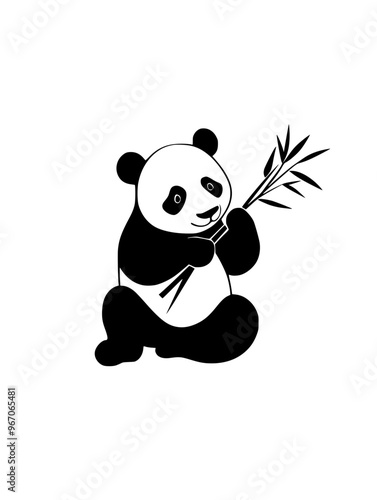 Minimalist panda eating bamboo illustration, A simple black-and-white minimalist illustration of a panda holding bamboo, symbolizing nature, wildlife, and peacefulness in a cute design.
