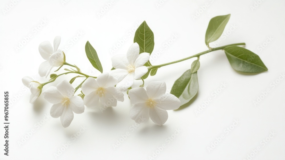 Obraz premium White Flowers and Green Leaves on a White Background