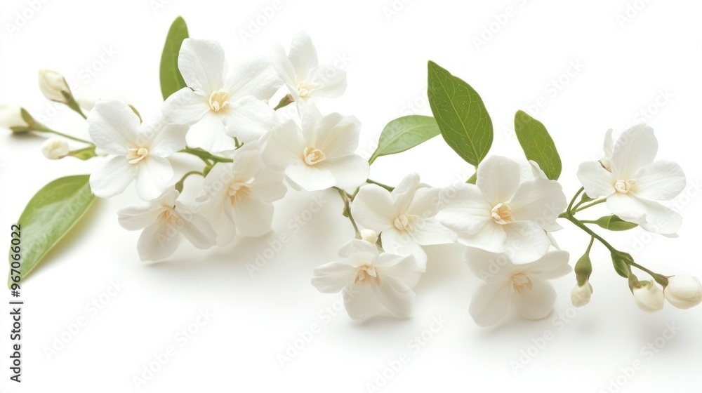 White Flowers and Green Leaves on a White Background White Flowers and Green Leaves on a White Background
