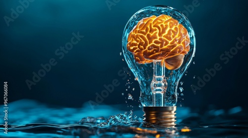 Creative concept of a glowing brain inside a lightbulb submerged in water, symbolizing innovation, intelligence, and powerful ideas.