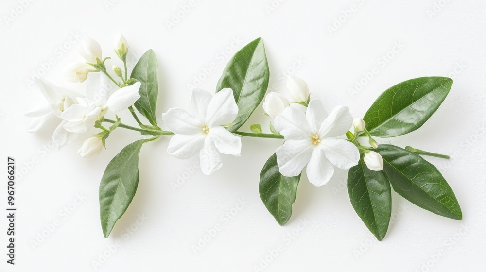 Fototapeta premium White Flowers with Green Leaves on a White Background