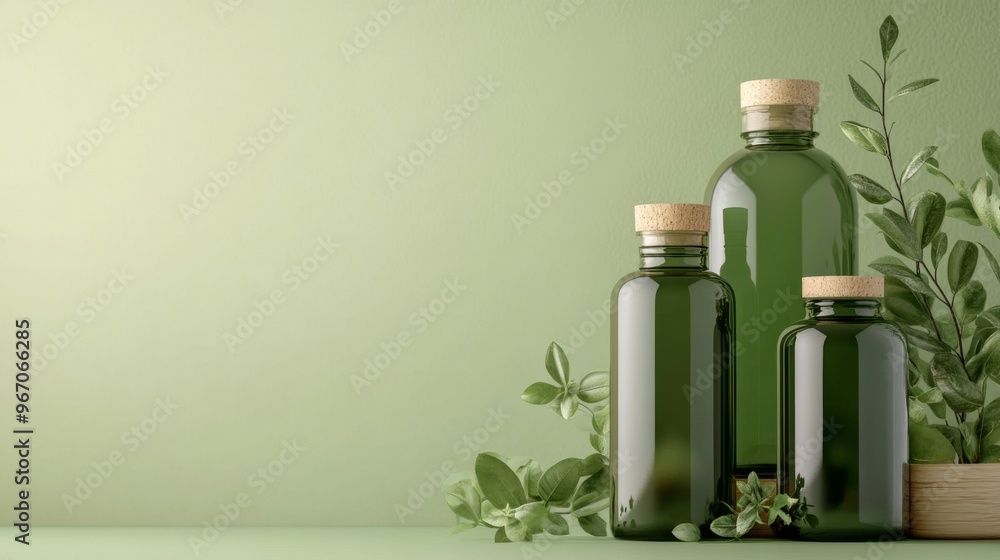 Green glass bottles with cork lids and leaves on light green background, ideal for natural product branding or organic cosmetics.