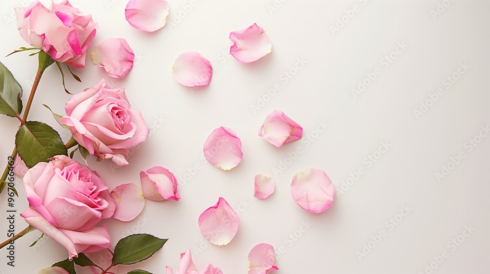 Elegant Pink Roses and Rose Petals on a Soft White Background - Perfect for Romantic and Floral Themes Elegant Pink Roses and Rose Petals on a Soft White Background - Perfect for Romantic and Floral Themes