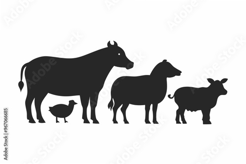 Hand drawn animal silhouette isolated on white background. Cow black silhouette, Collection of animal silhouettes.