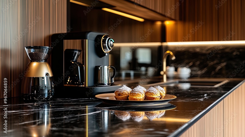Elegant Contemporary Kitchen Poster: Stylish Marble Countertop with Gold Accents, Coffee Maker & Decorative Pastries Against Rich Wooden Cabinetry – Perfect for Modern Home Décor! Elegant Contemporary Kitchen Poster: Stylish Marble Countertop with Gold Accents, Coffee Maker & Decorative Pastries Against Rich Wooden Cabinetry – Perfect for Modern Home Décor!