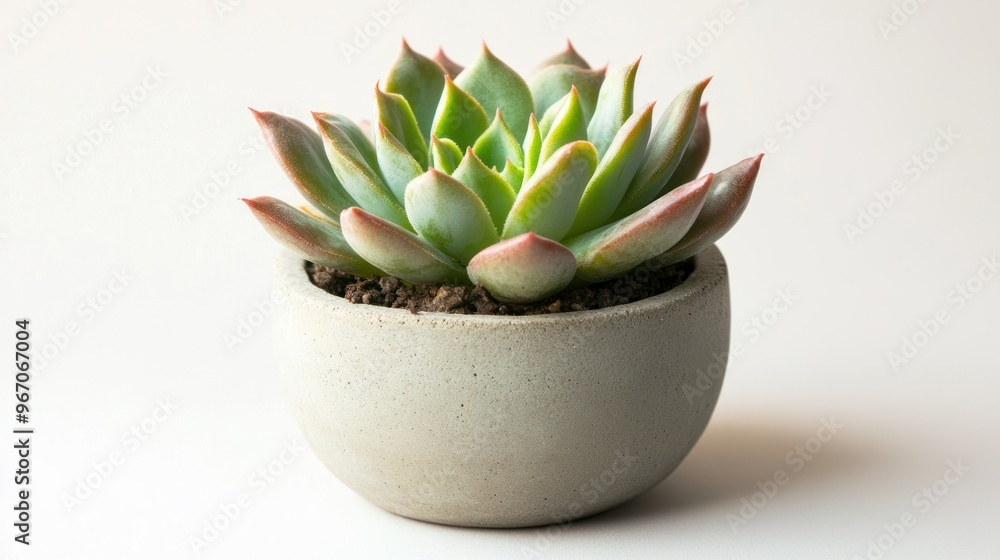Green succulent plant in a grey concrete pot on a white background Green succulent plant in a grey concrete pot on a white background