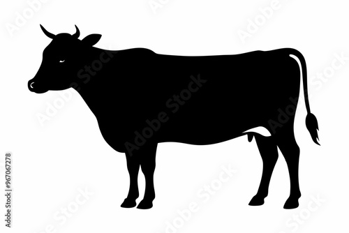 Hand drawn animal silhouette isolated on white background. Cow black silhouette, Collection of animal silhouettes.