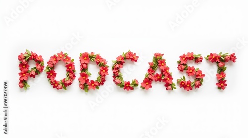 Podcast text made from vibrant flowers on white background