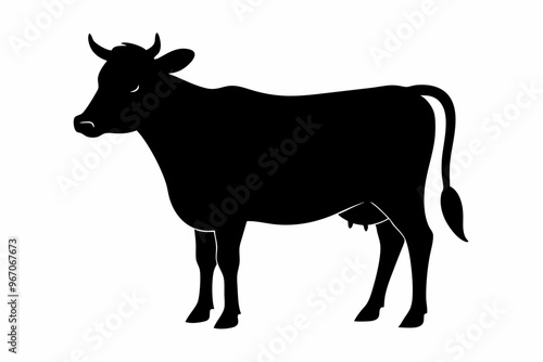 Hand drawn animal silhouette isolated on white background. Cow black silhouette, Collection of animal silhouettes.