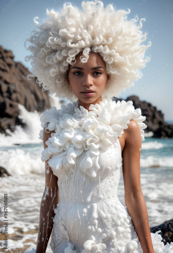 black woman with huge white afro hair in dress made from white foam with splashes at black rocks at ocean black woman with huge white afro hair in dress made from white foam with splashes at black rocks at ocean