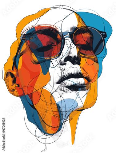 A colorful drawing of a woman with sunglasses on her face. The drawing is abstract and has a lot of different colors. The woman's face is the main focus of the drawing, and she is wearing sunglasses
