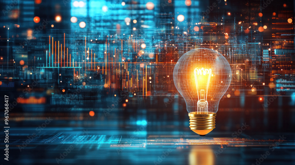 © BOW_NAPASORN - A light bulb is lit up in a cityscape. The light bulb is surrounded by a glowing, colorful background. Concept of innovation and progress, as the light bulb represents a symbol of modern technology © BOW_NAPASORN - A light bulb is lit up in a cityscape. The light bulb is surrounded by a glowing, colorful background. Concept of innovation and progress, as the light bulb represents a symbol of modern technology
