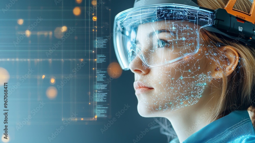 © Prim2513 - A woman wearing an augmented reality headset with a holographic digital interface overlaying her face, representing the integration of advanced technology and human interaction in a futuristic setting