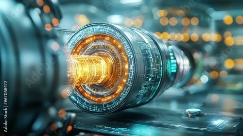 A close-up of a futuristic energy core surrounded by glowing circuits and advanced technology, highlighting innovation and power generation in a high-tech environment.