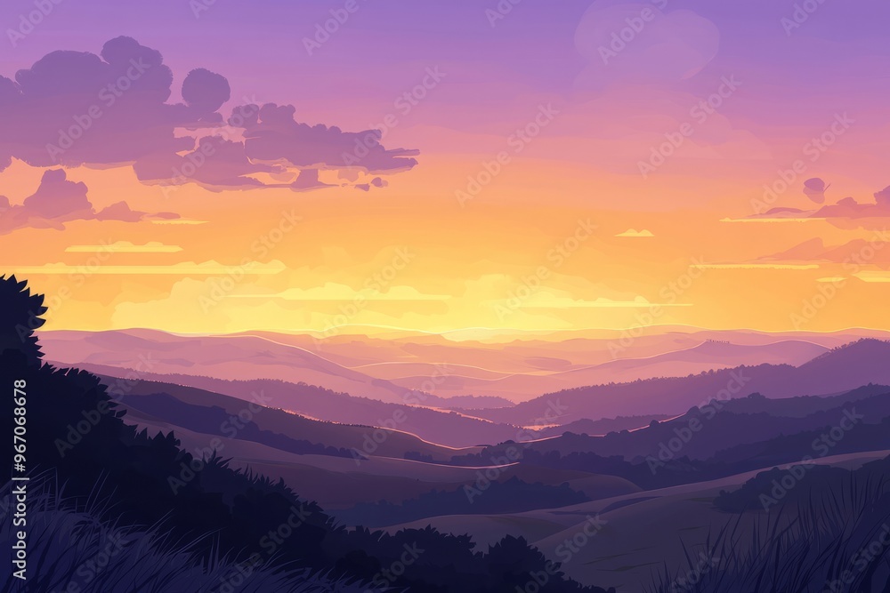 Obraz premium A Serene Sunset Overlook With A View Of Rolling Hills And A Sky Transitioning From Orange To Purple. Cozy Vibe, Generative AI