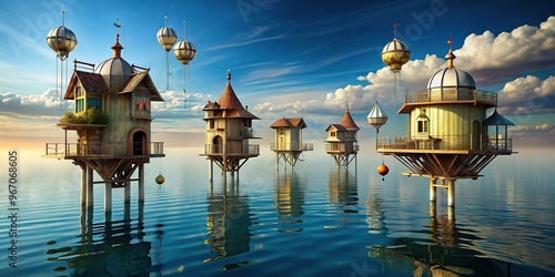 Whimsical floating structures on the sea with an asymmetrical design photo