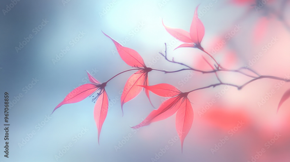 A pink leafy branch with a blue background. The pink leaves are very delicate and the blue background is very calming