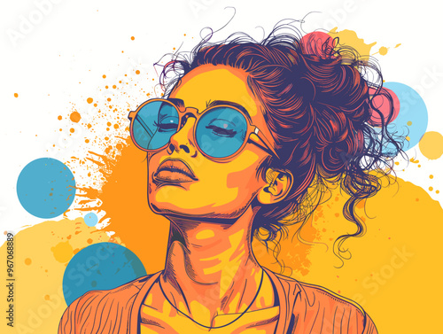 A woman with a blue pair of sunglasses is wearing a yellow shirt. She is looking at the camera with a smile on her face. The image has a bright and cheerful mood, with the colors yellow